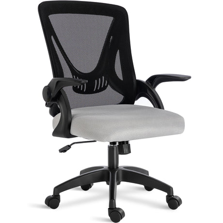 Black and grey mesh chair with breathable backrest, adjustable height, and padded seat for comfort during long hours.