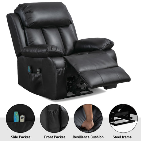 Black leather recliner chair with features highlighted on a white background