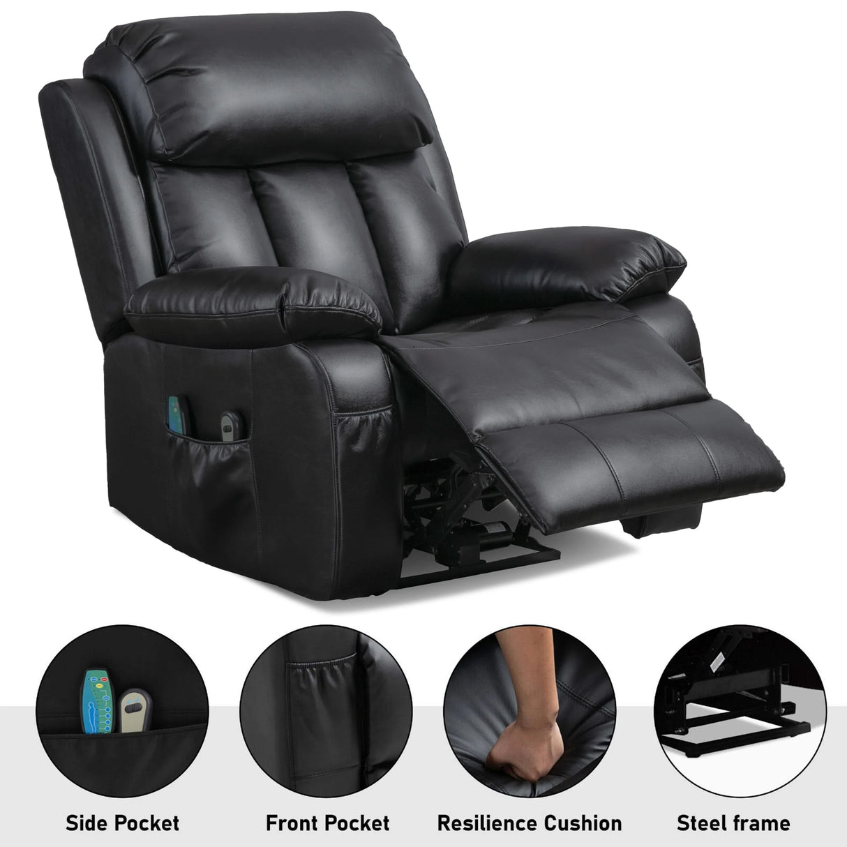 Black PU leather recliner chair with footrest extended, highlighting side and front pockets, resilience cushion, and steel frame for durability.