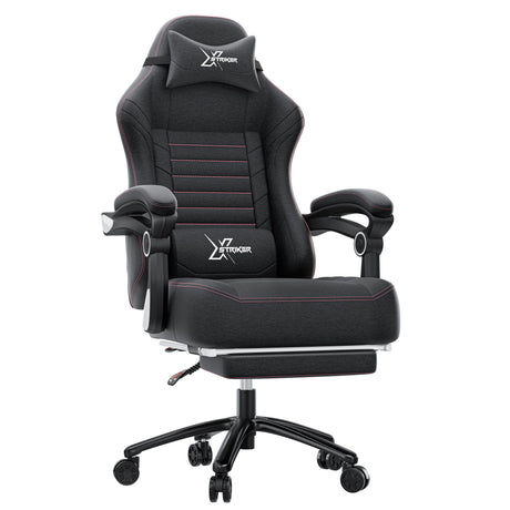 Black gaming chair with red accents on a white background