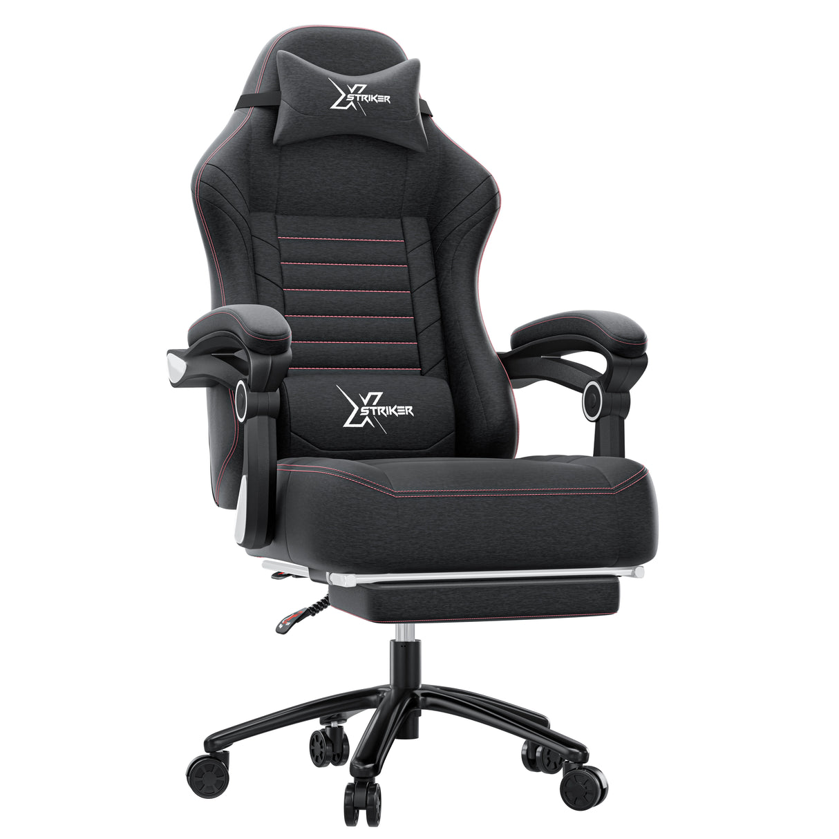 Black gaming chair with red accents on a white background