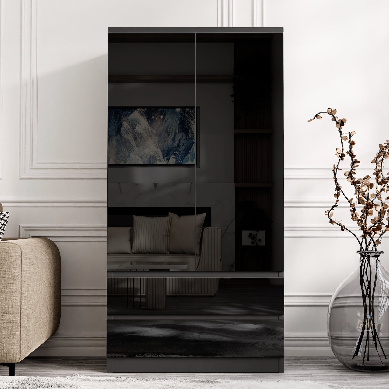 Front view of black high gloss 2 door wardrobe with two drawers. Elegant and compact wardrobe for stylish bedroom organization.
