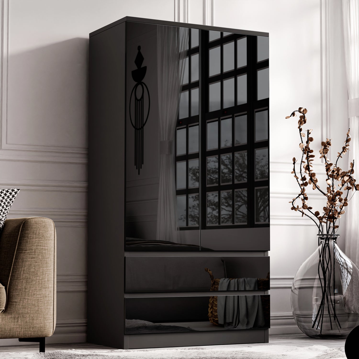 Black high gloss 2 door wardrobe with drawers and hanging space. Reflective surface and sleek design for luxury bedroom interiors.