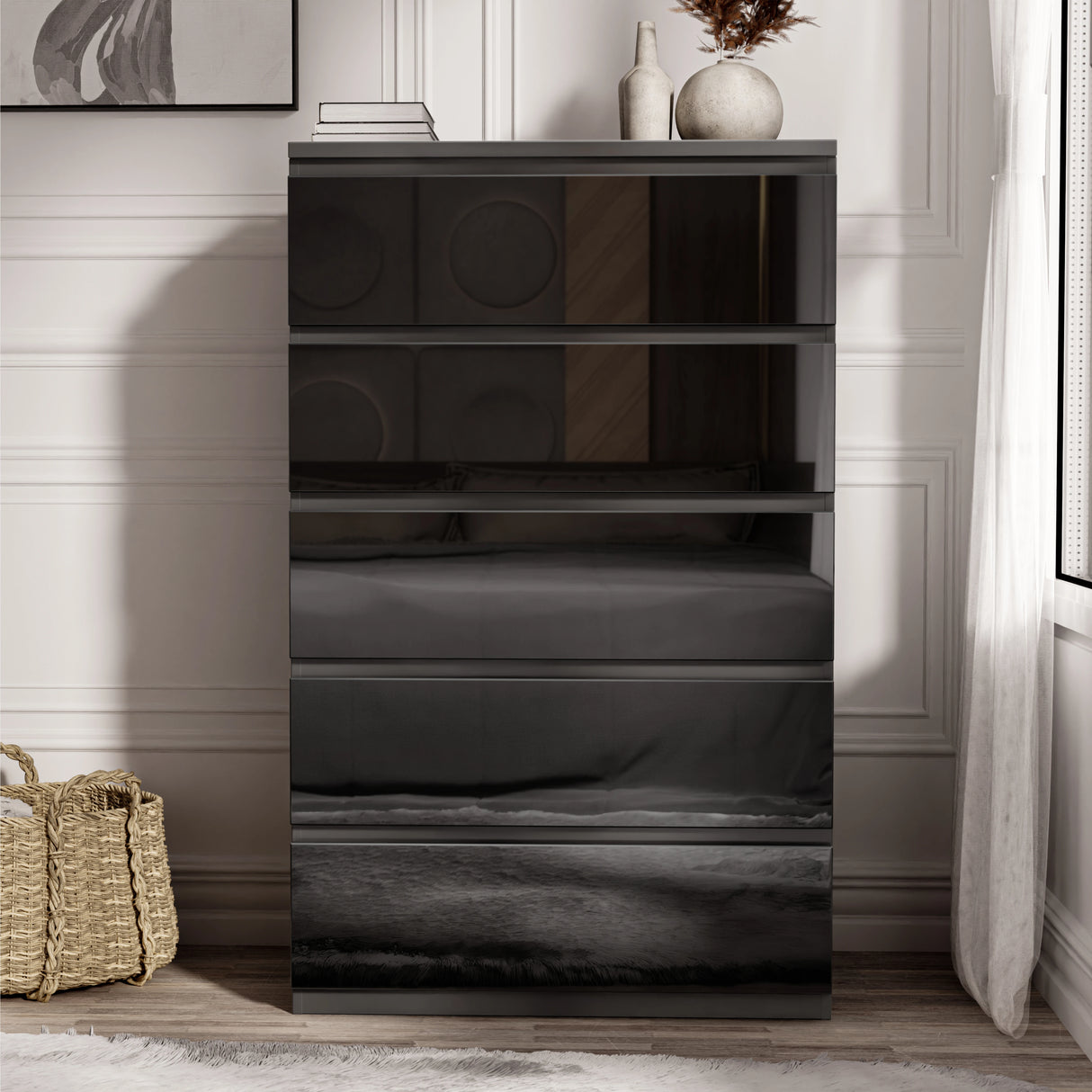 Tall black high gloss chest of 5 drawers from the 3 Piece Bedroom Set, offering sleek and spacious bedroom storage.
