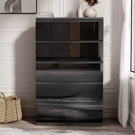 Tall black high gloss chest of 5 drawers from the 3 Piece Bedroom Set, offering sleek and spacious bedroom storage.