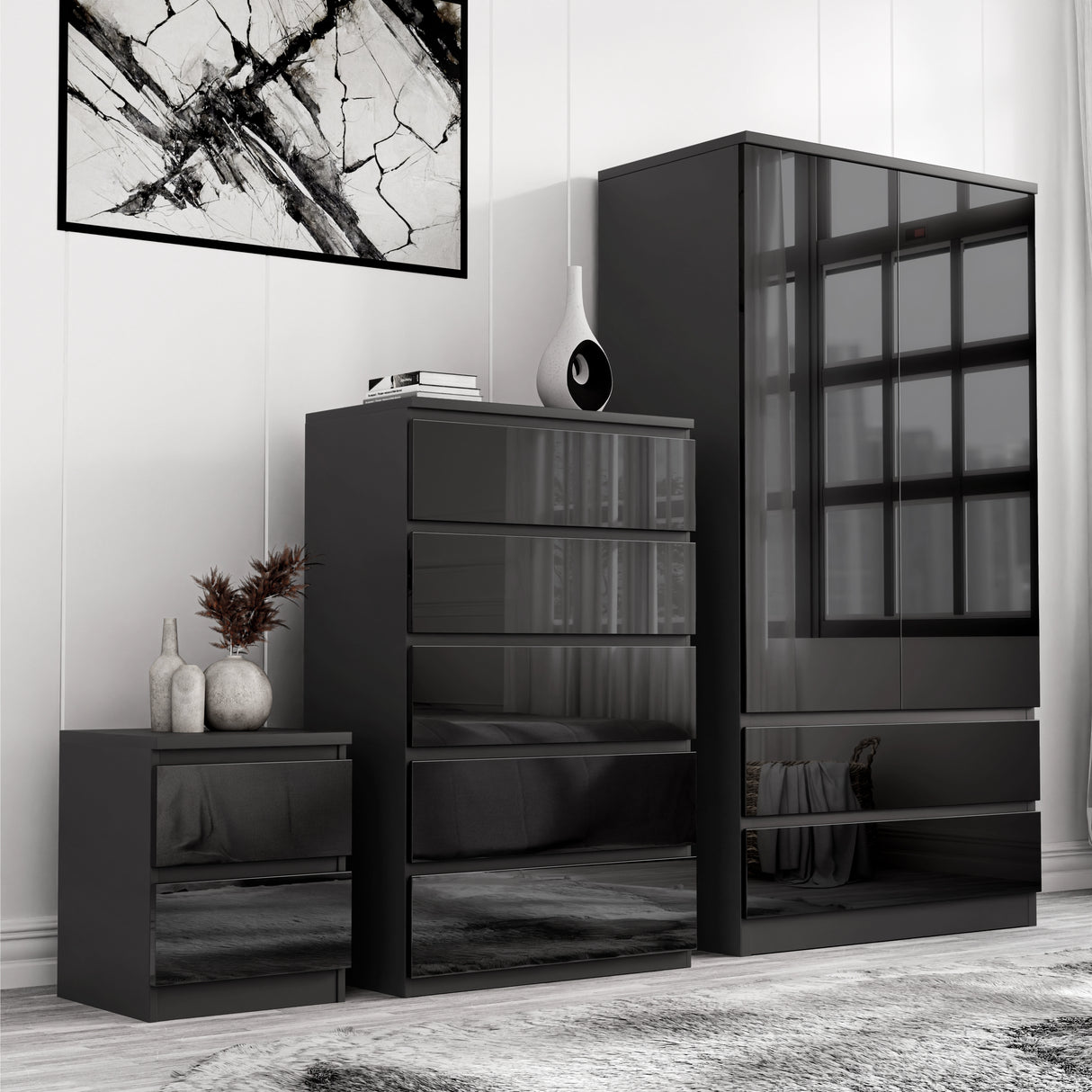 Black High Gloss Wardrobe, Chest of Drawers | 3 Piece Bedroom Set with 2 door wardrobe, 5-drawer chest, and 2-drawer bedside table.