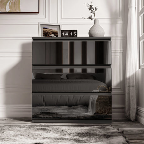 Black high gloss 3 drawer chest from the bedroom set, offering stylish and functional storage for clothes and accessories.