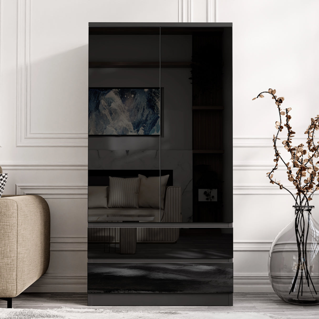 Black high gloss 2 door wardrobe with drawers from the 3 piece bedroom furniture set, ideal for contemporary bedroom organization.