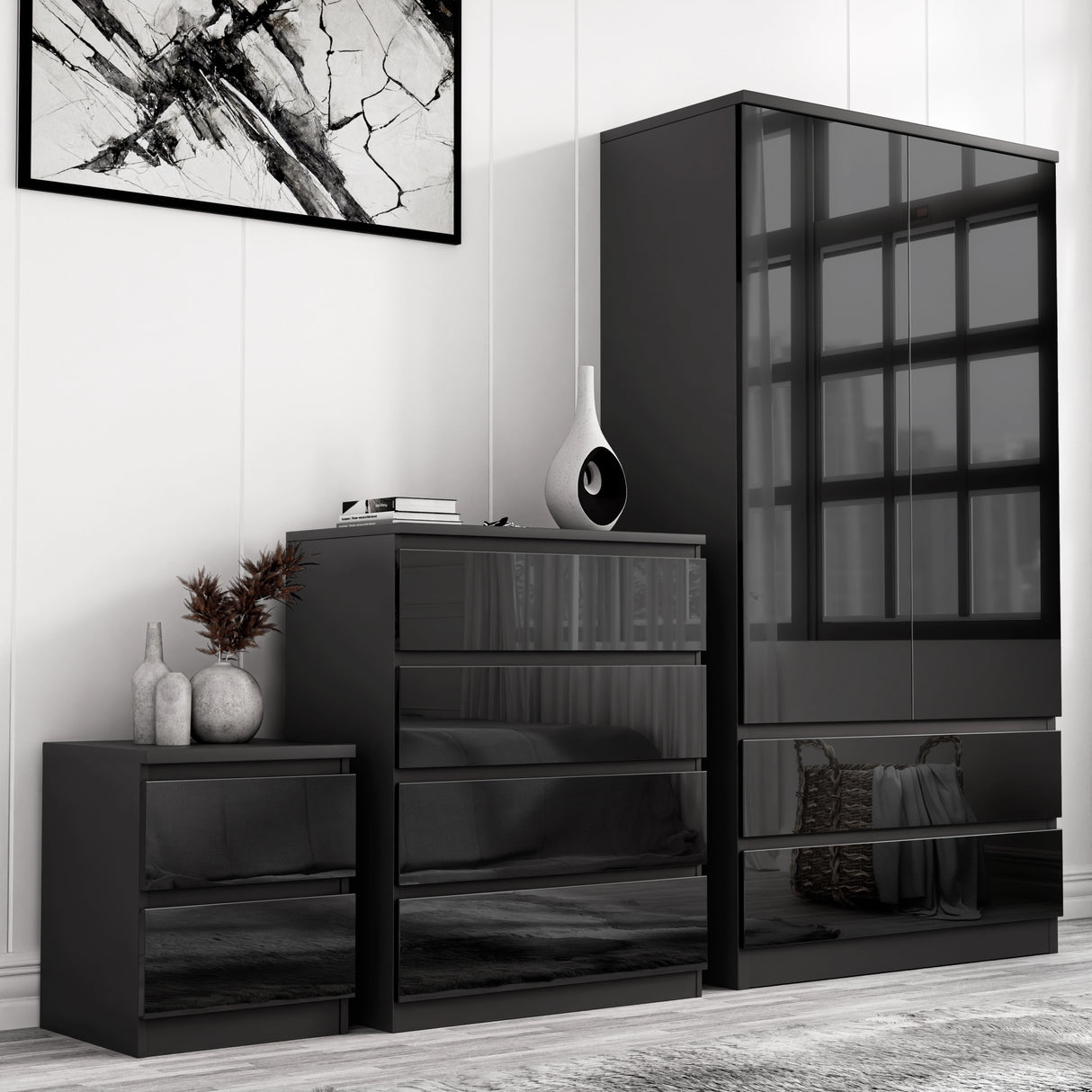 Black High Gloss 3 Piece Wardrobe Set With Chest of Drawers featuring a wardrobe, chest, and bedside table in a sleek bedroom.