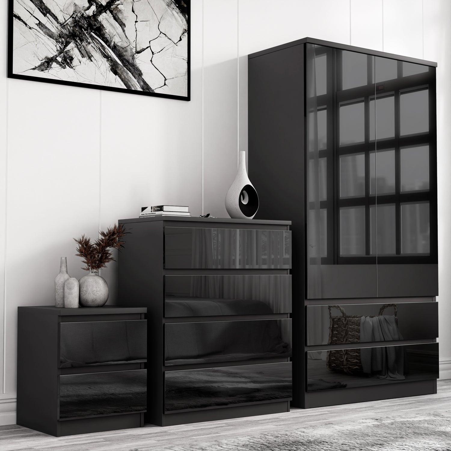 Black High Gloss 3 Piece Wardrobe Set With Chest of Drawers featuring a wardrobe, chest, and bedside table in a sleek bedroom.