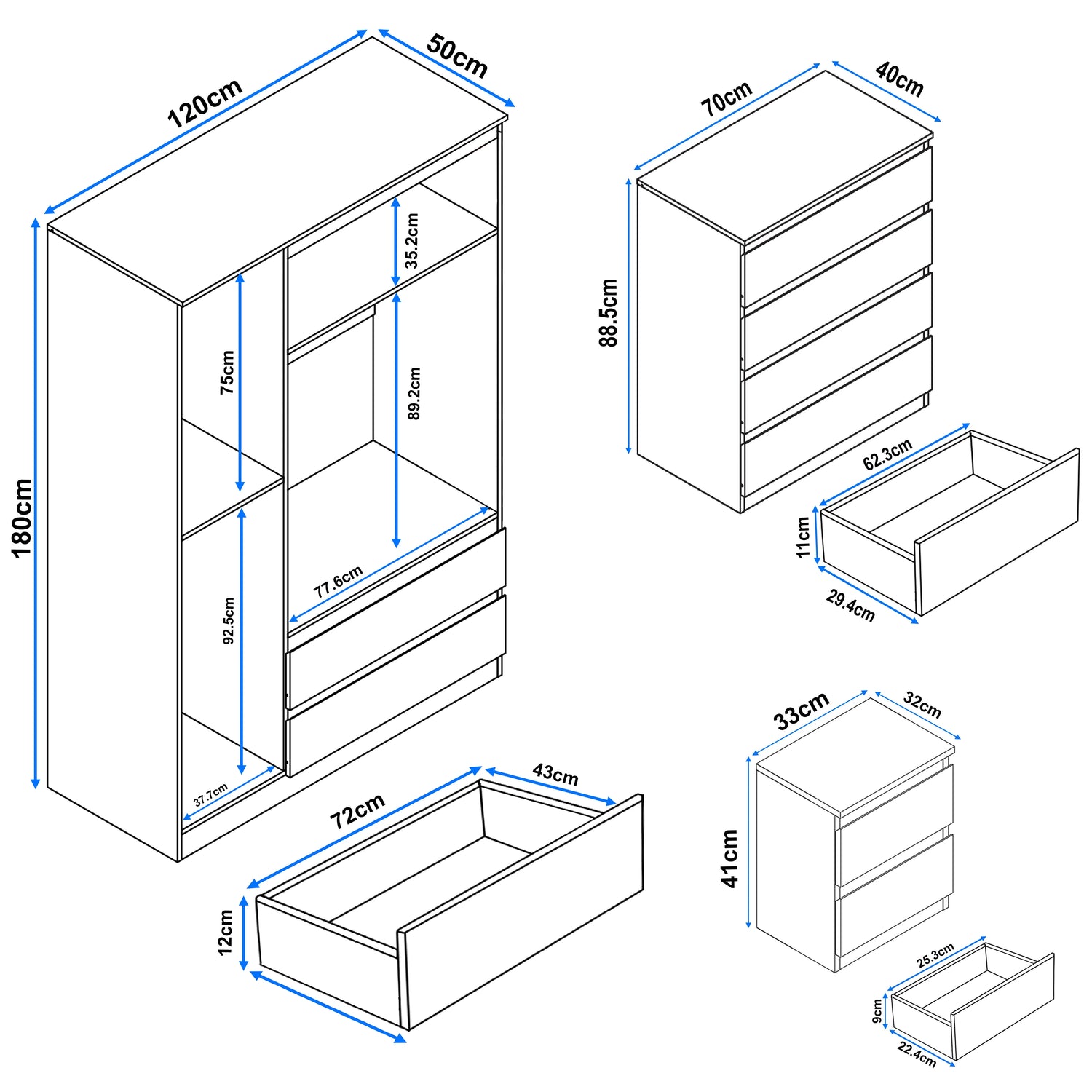 Dimension chart of black high gloss 3 wardrobe bedroom set with chest of drawers and nightstand for space planning.