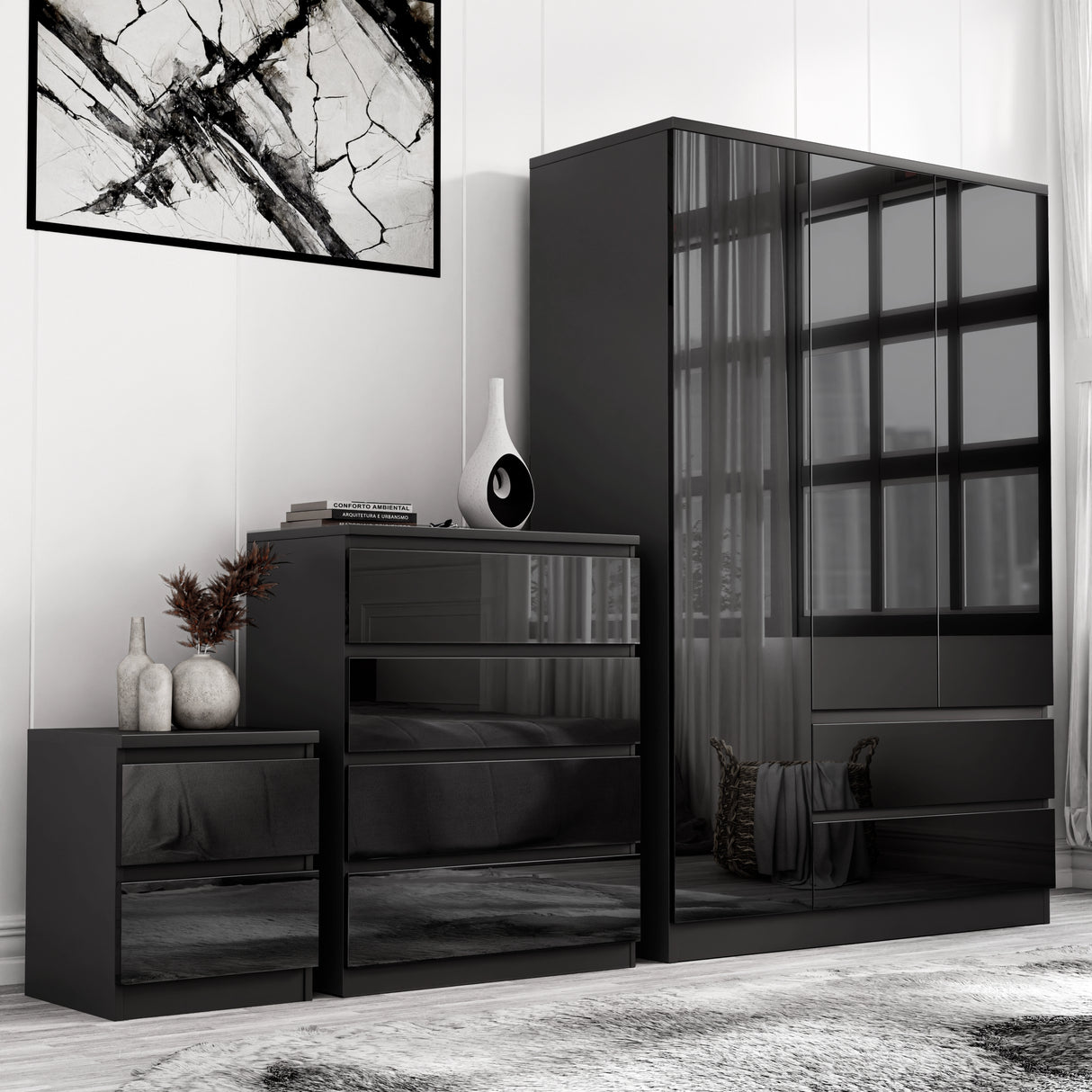 Black high gloss 3 wardrobe bedroom set with 4 chest of drawers and nightstand, perfect for a bold, modern bedroom look.