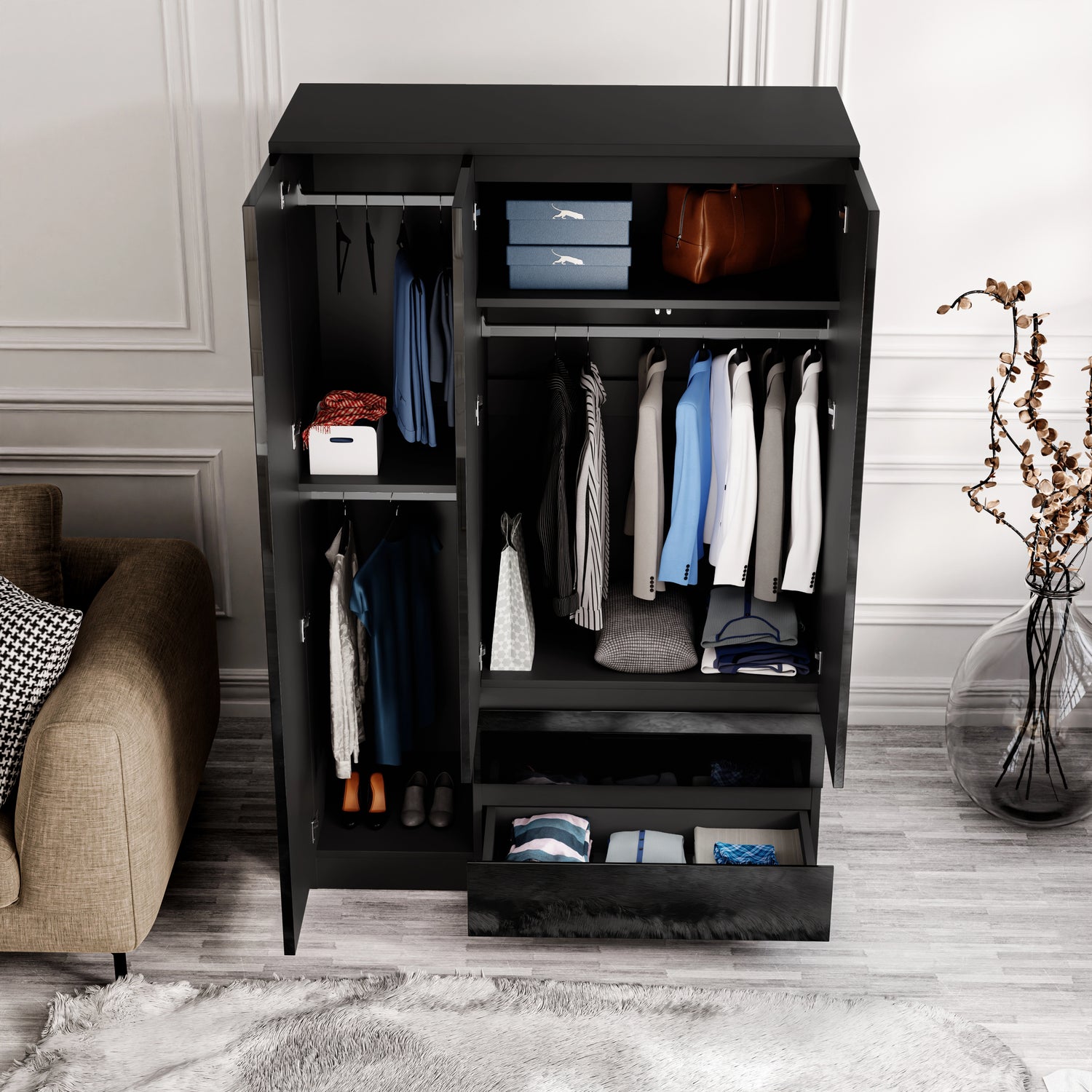 Interior of black high gloss 3 door wardrobe from the High Gloss 4 Piece Bedroom Set, featuring shelves, rails, and drawers