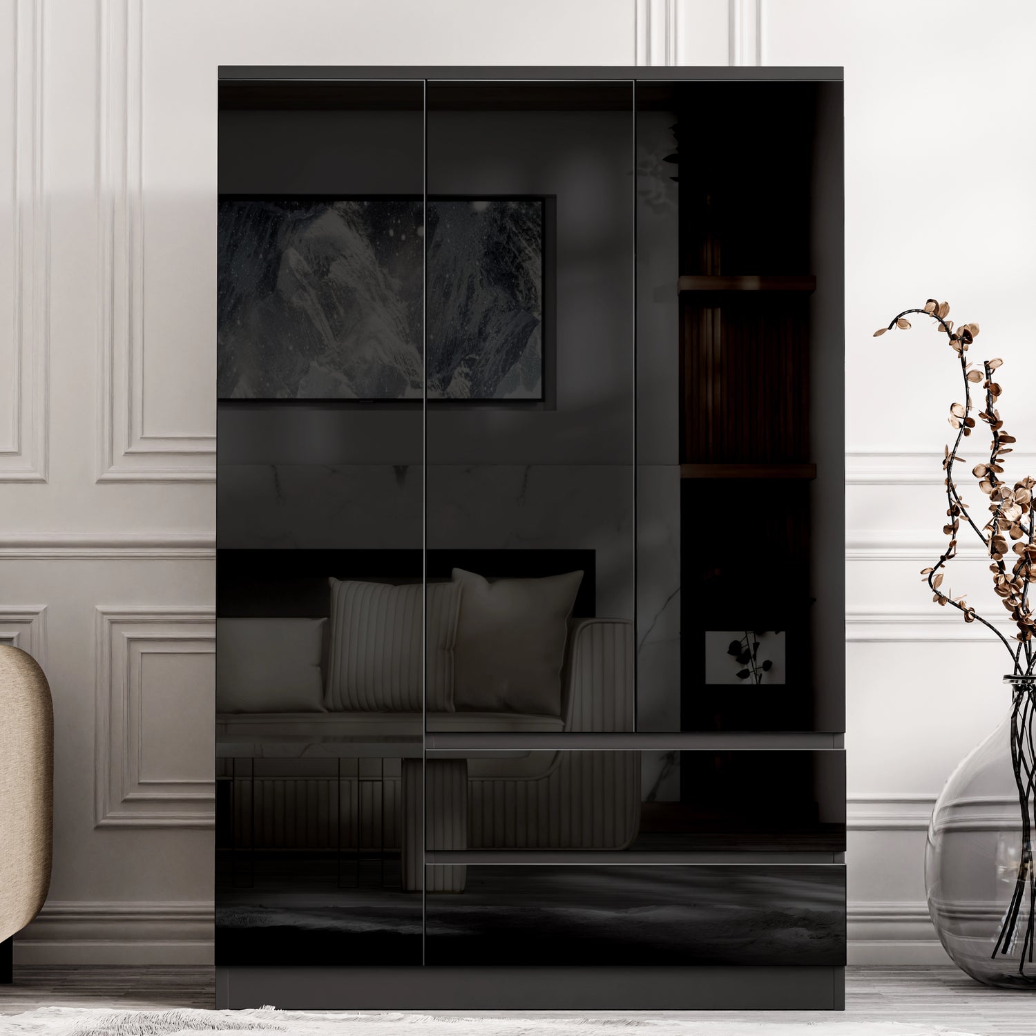 Black high gloss 3 door wardrobe with drawers from the High Gloss 4 Piece Bedroom Set, sleek and spacious for bedroom storage