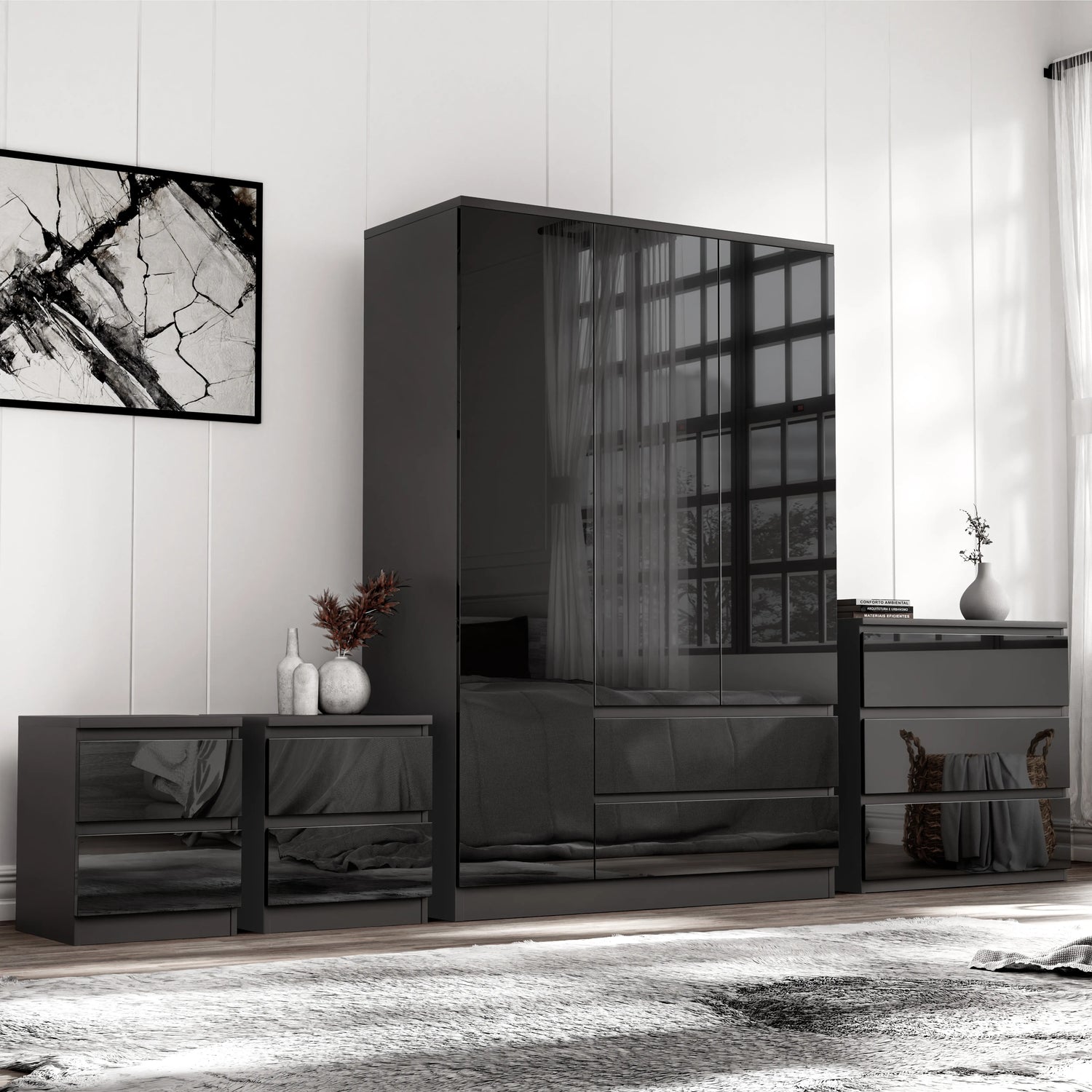 Black High Gloss 4 Piece Bedroom Set with 3 door wardrobe, chest of drawers, and 2 bedside tables, ideal for modern bedrooms
