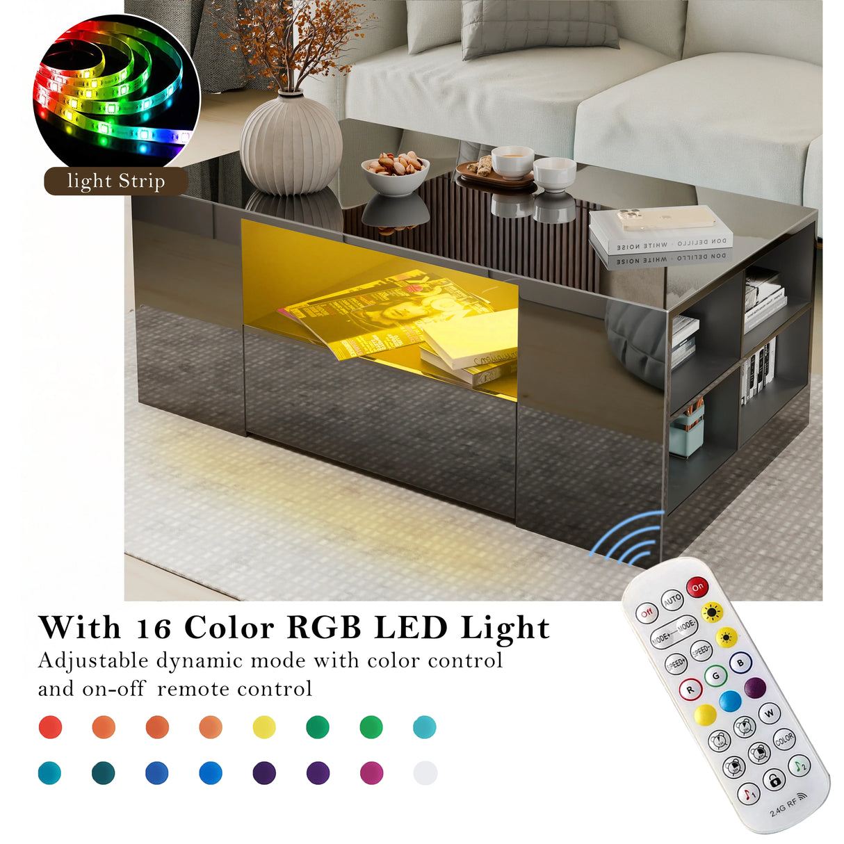 Black LED coffee table with 16-color RGB lighting and remote, featuring drawers and open shelving for multifunctional use.