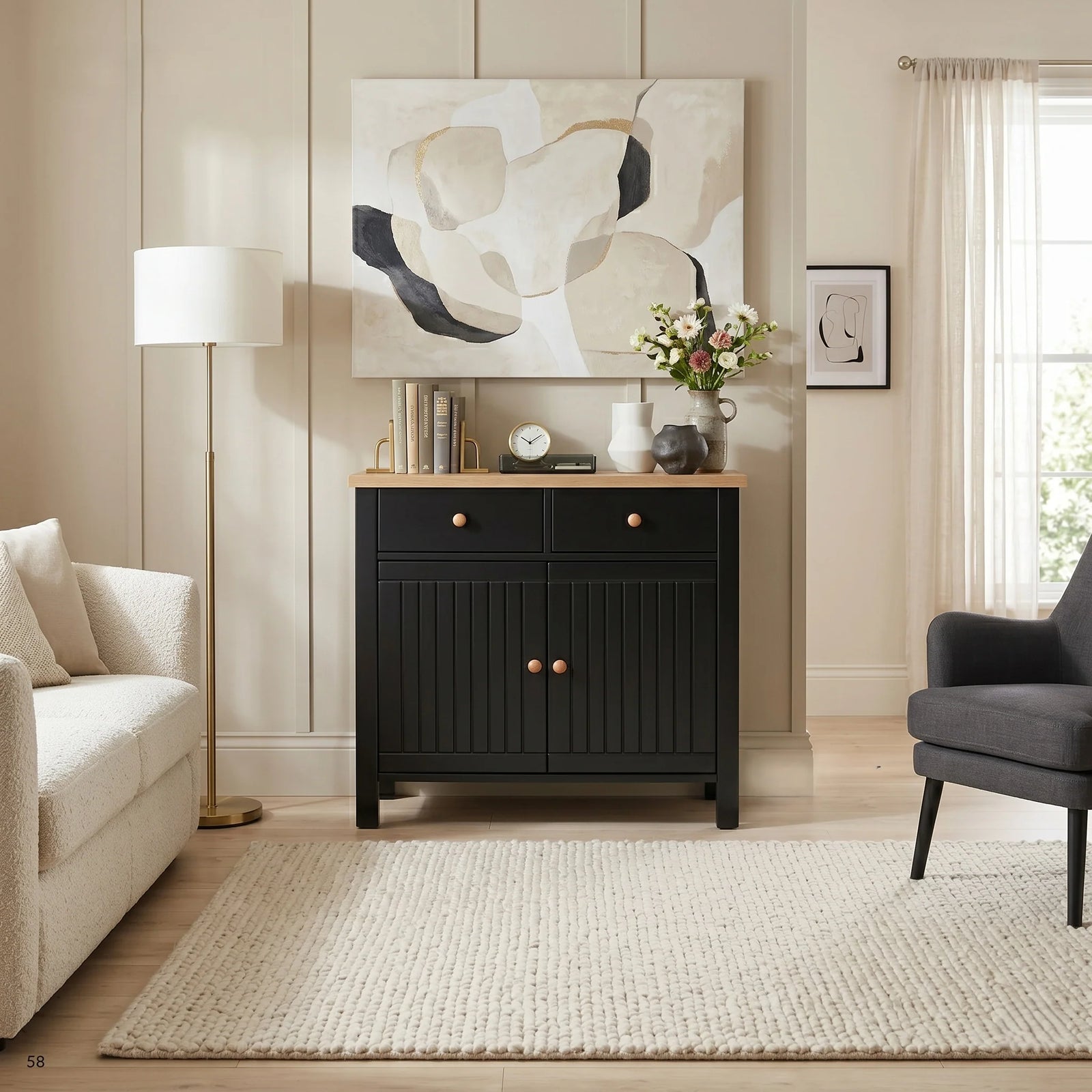 Linra Sideboard Cabinet with Oak Top and Storage