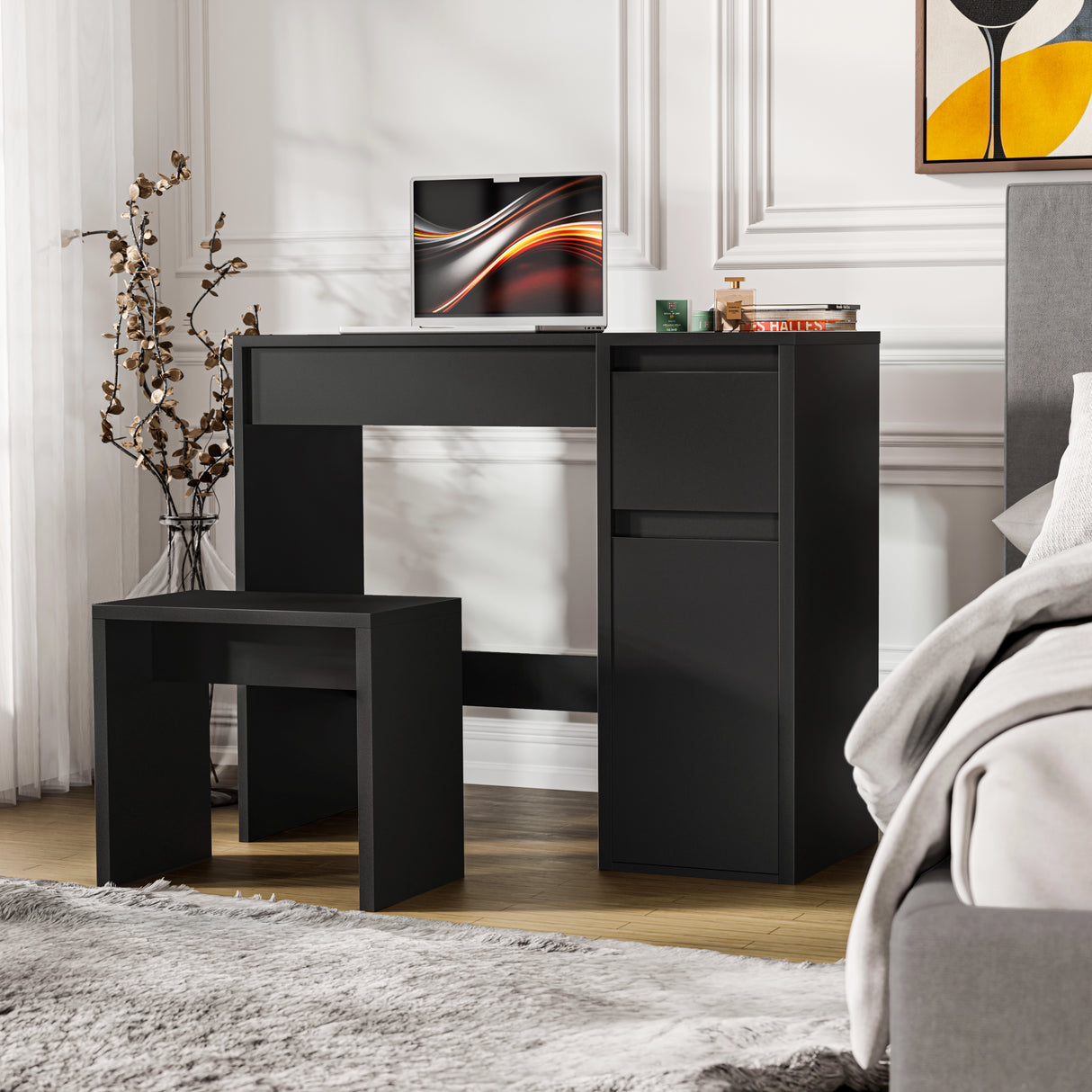Modern black makeup dressing table with flip-up mirror, storage drawers, and matching stool, ideal for bedroom vanity setups.