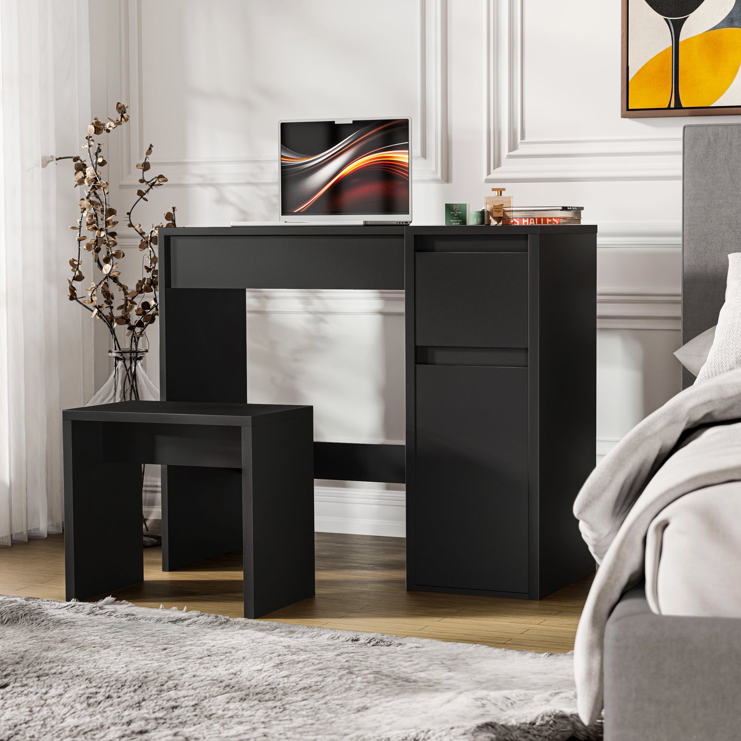 Modern black makeup dressing table with flip-up mirror, storage drawers, and matching stool, ideal for bedroom vanity setups.