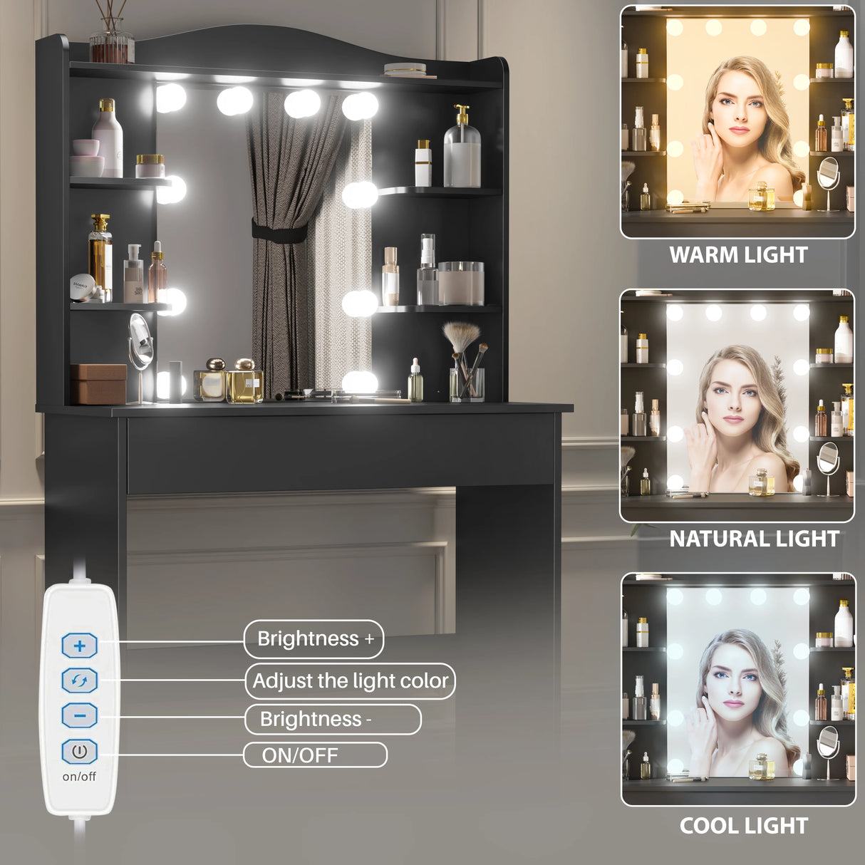 Hollywood makeup vanity with mirror with remote controlled adjustable brightness, and warm, neutral and cool lighting modes