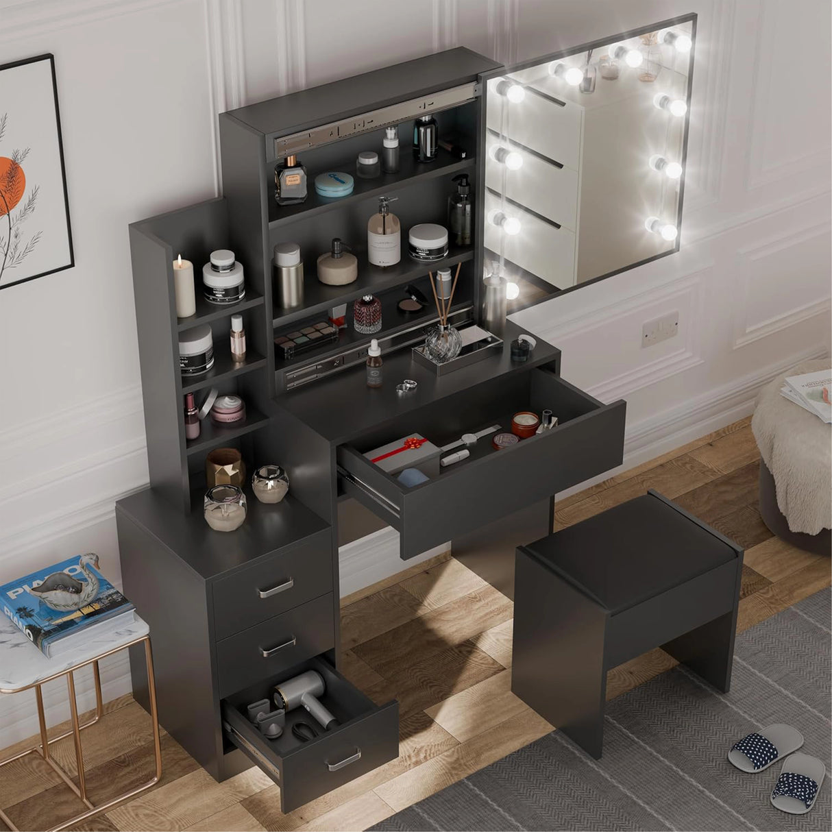 Elevated view of dressing table with large mirror and LED lights positioned against a white wall in modern interior