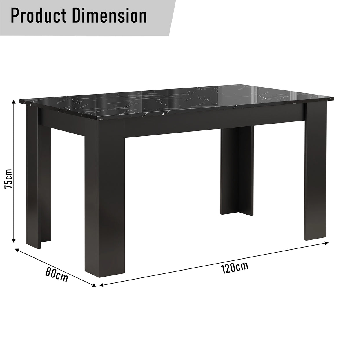 Dining table size: 120cm x 80cm x 75cm, featuring a high gloss black marble finish, ideal for 4 to 6 seat dining arrangements.