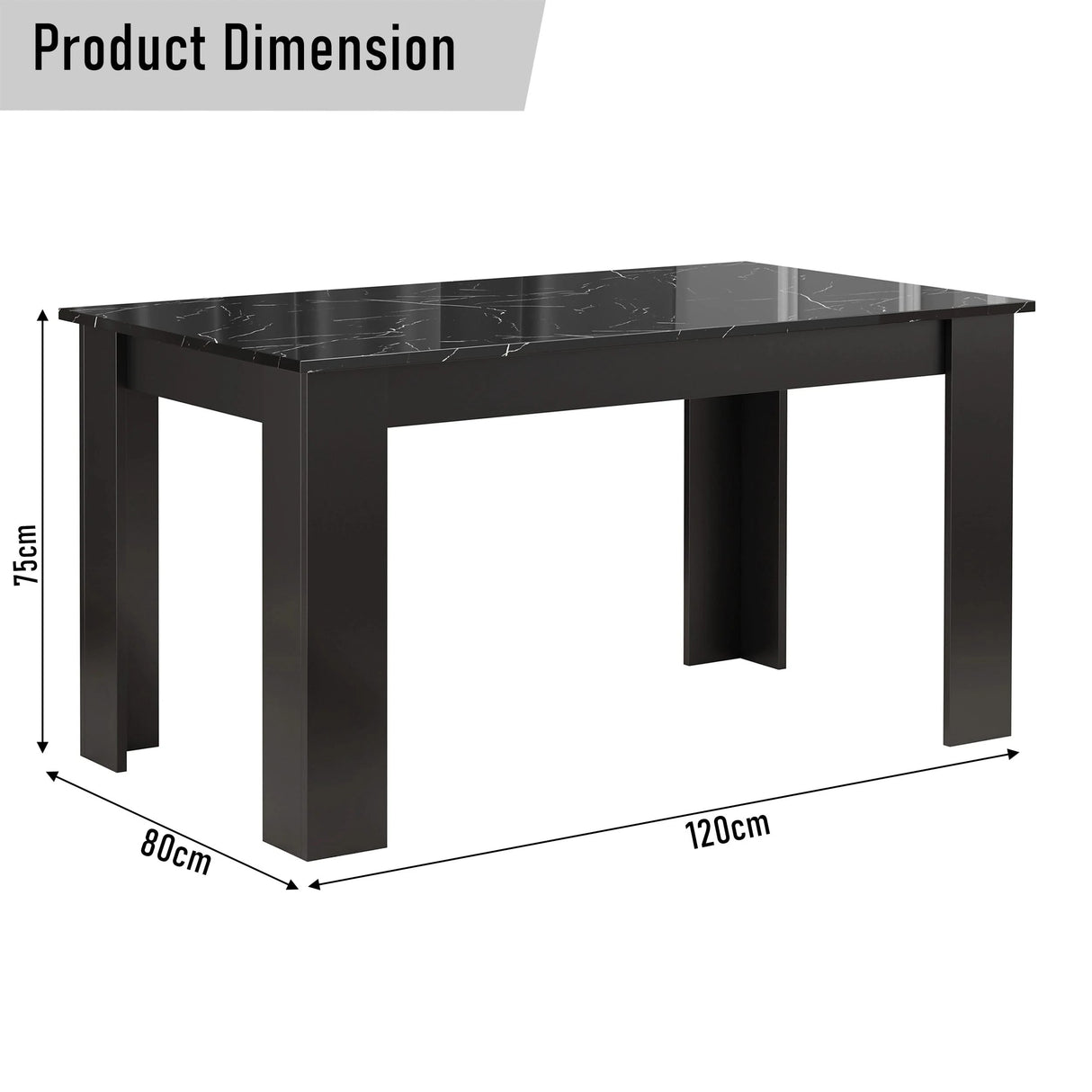 Dining table size: 120cm x 80cm x 75cm, featuring a high gloss black marble finish, ideal for 4 to 6 seat dining arrangements.