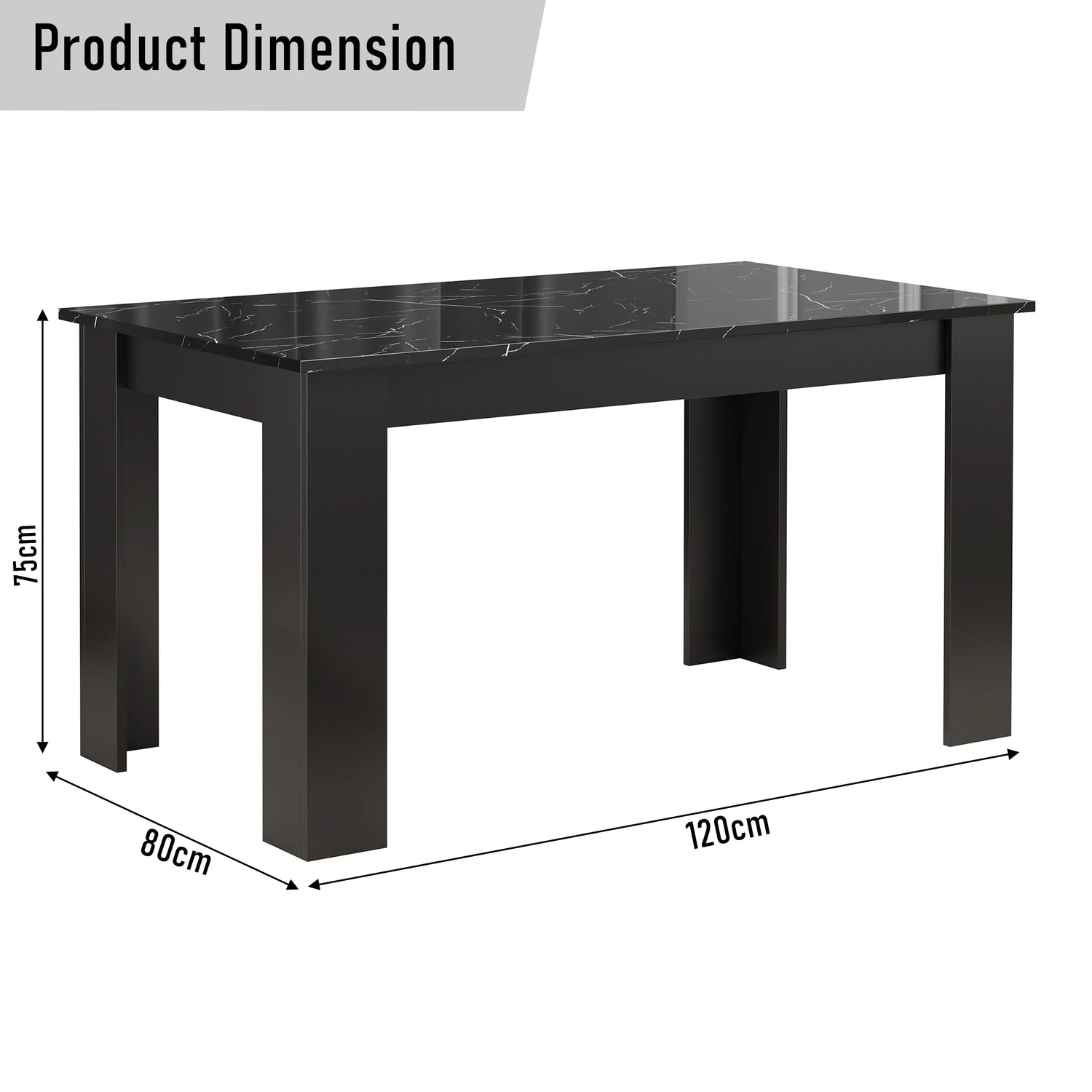 dimensions of dining area tables featuring a black marble finish table top measuring 120x80x75 cm