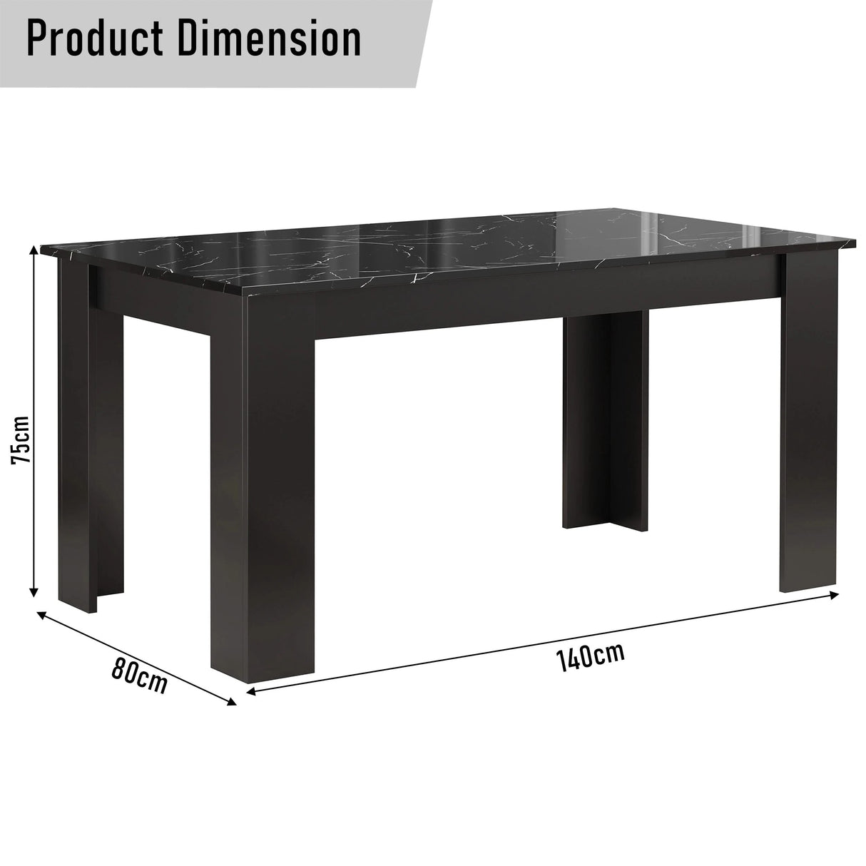 Dining table dimensions: 140cm length, 80cm width, 75cm height, with a high gloss black marble finish.