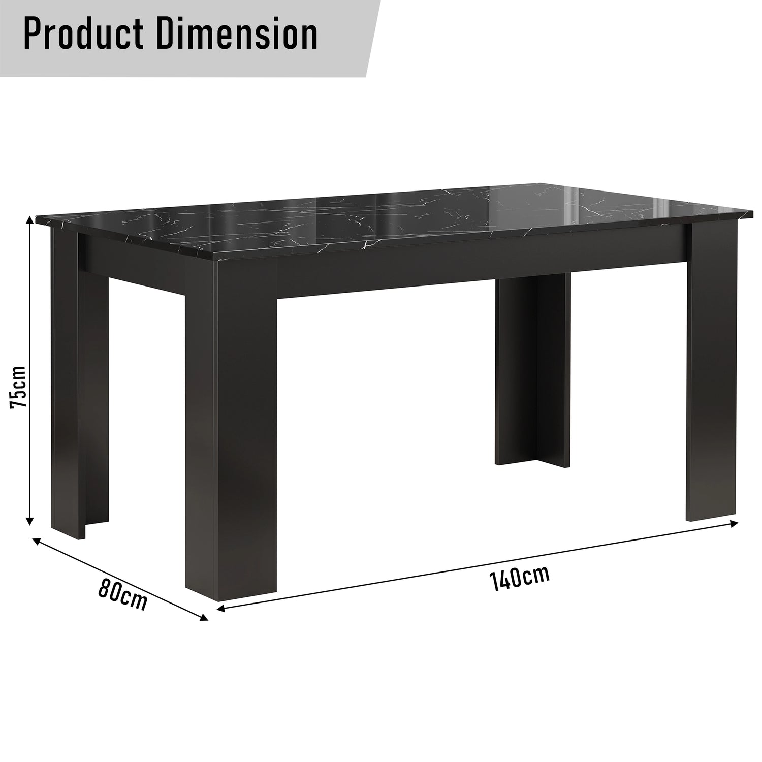 Dimensions of the black marble shade dining table from the dining set: height 75 cm, width 80 cm and length 140 cm