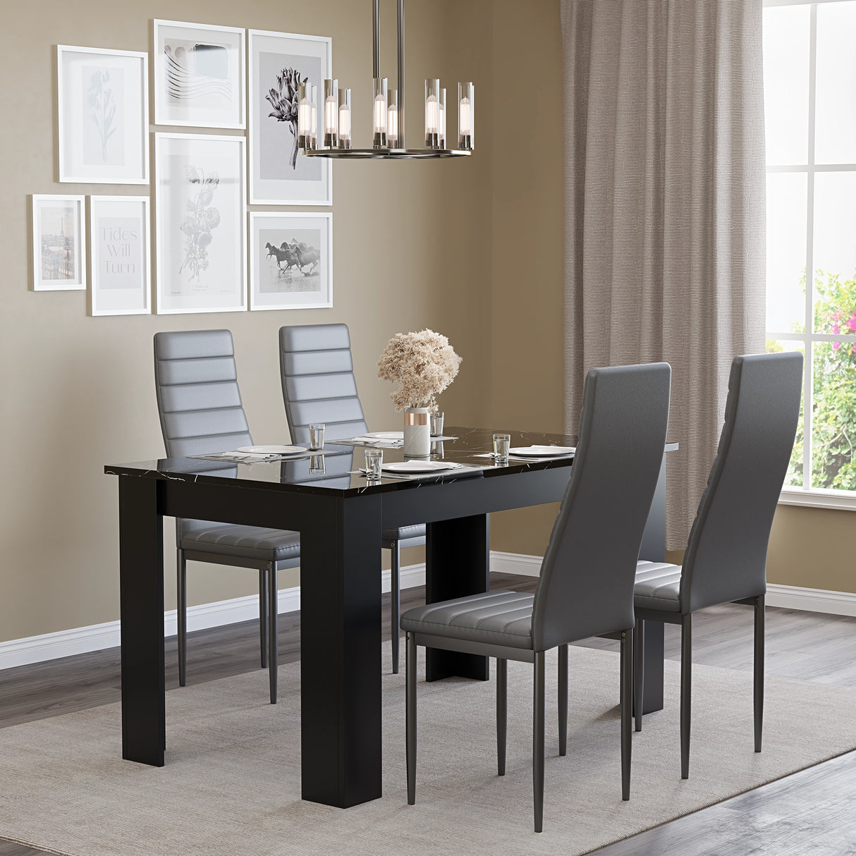 Contemporary 4-seater dining table set with grey high-back chairs and black marble effect table, from DHS Furniture.