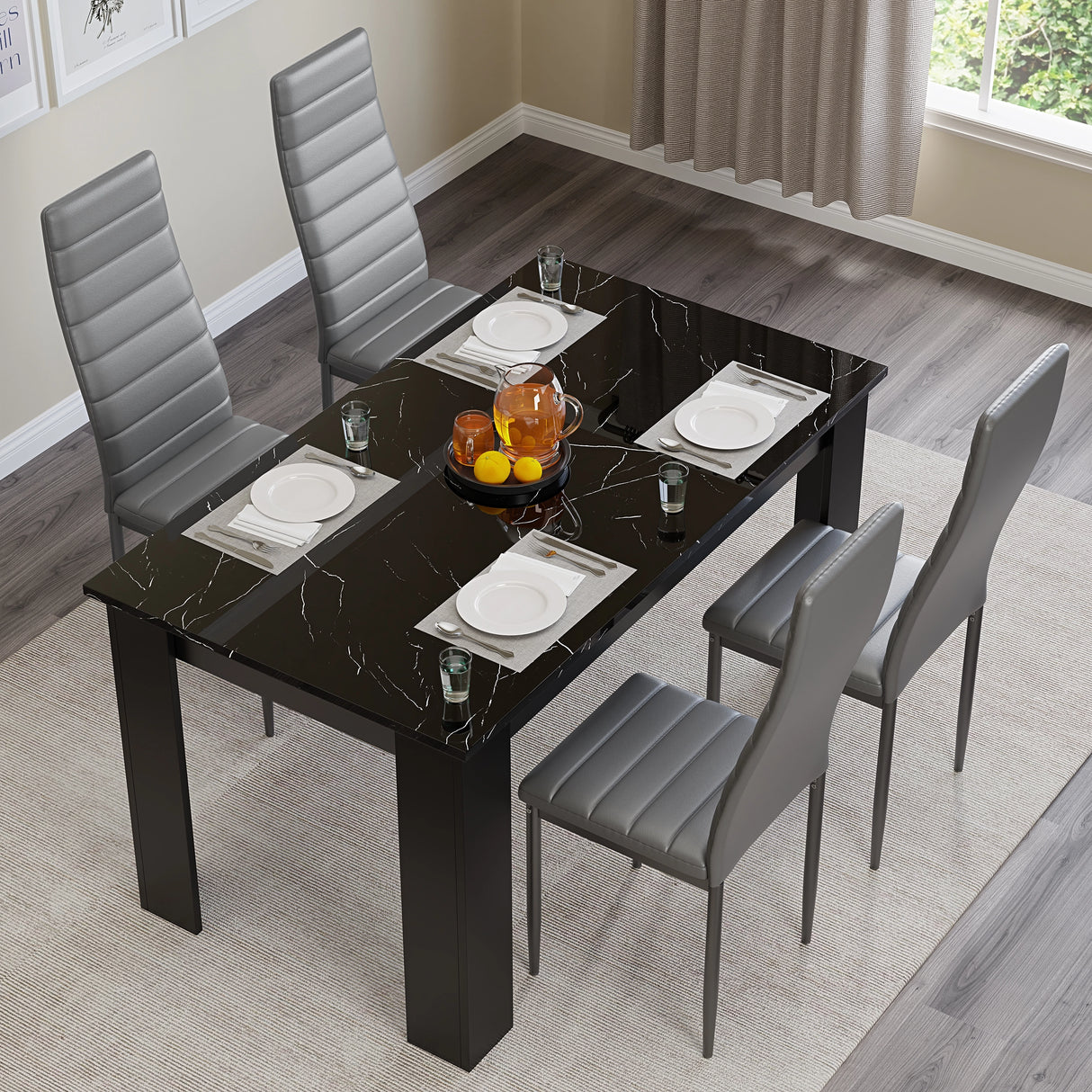 Gloss Black Marble Finish dining table with 6 grey faux leather chairs, perfect for elegant and modern dining rooms.