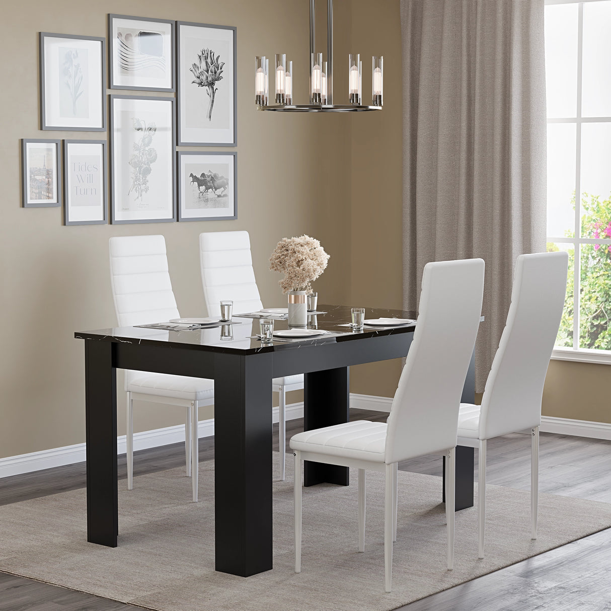 Gloss black marble finish dining table set with 4 white high-back chairs in a modern dining room. Ideal for 4-6 seater kitchen or dining spaces.