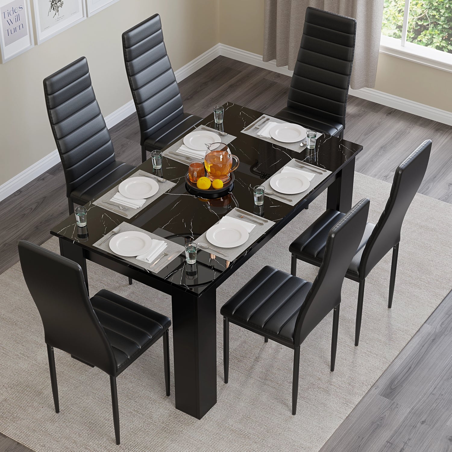 modern black dining set for 6 seater with marble finish and grey leather chairs, perfect for elegant dinners