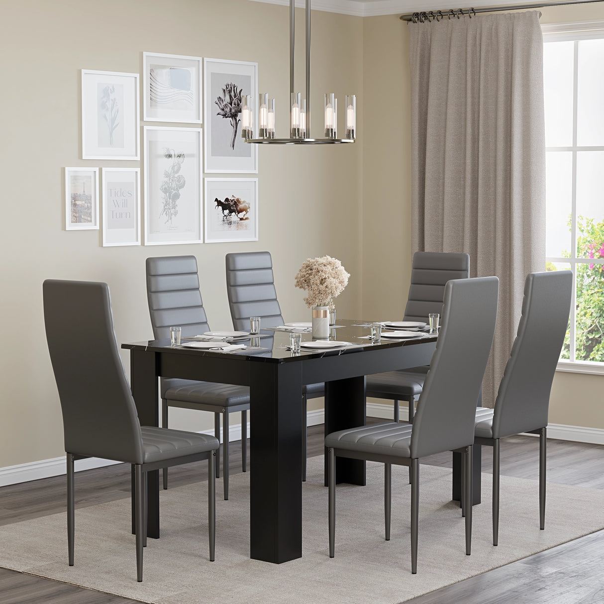 6-seater gloss black marble dining table set with grey chairs, perfect for contemporary dining room interiors.