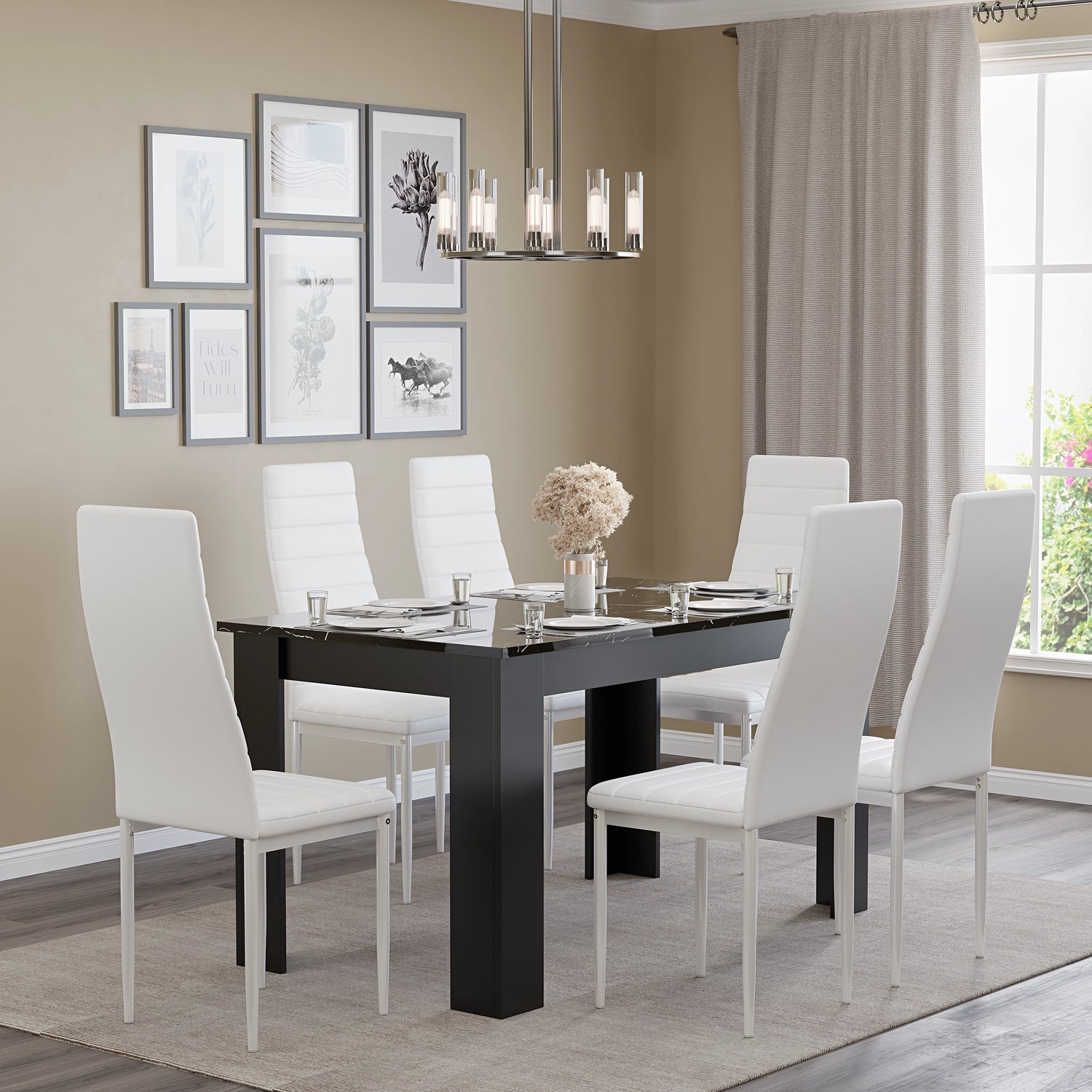 minimalist dining space with marble shade dining room table and chairs set in white leather