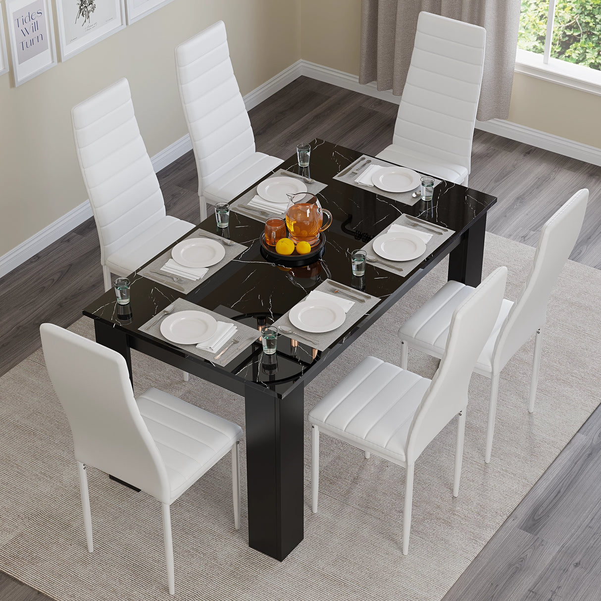 Gloss Black Marble Finish 6-seater dining table set with white high-back chairs, ideal for modern kitchens or dining rooms.