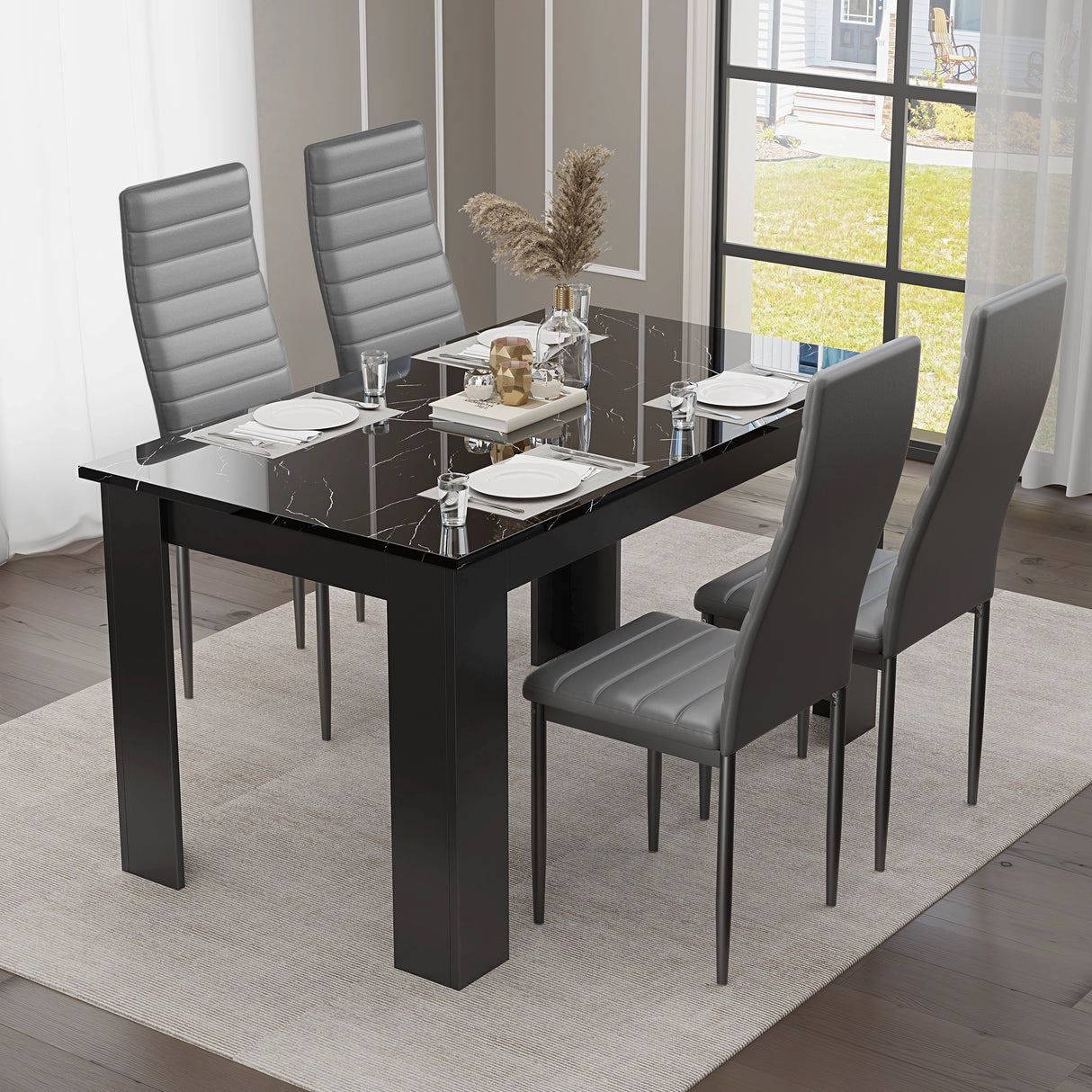 Gloss Black Marble Finish 4-seater dining set with grey faux leather chairs, perfect for small modern dining areas.
