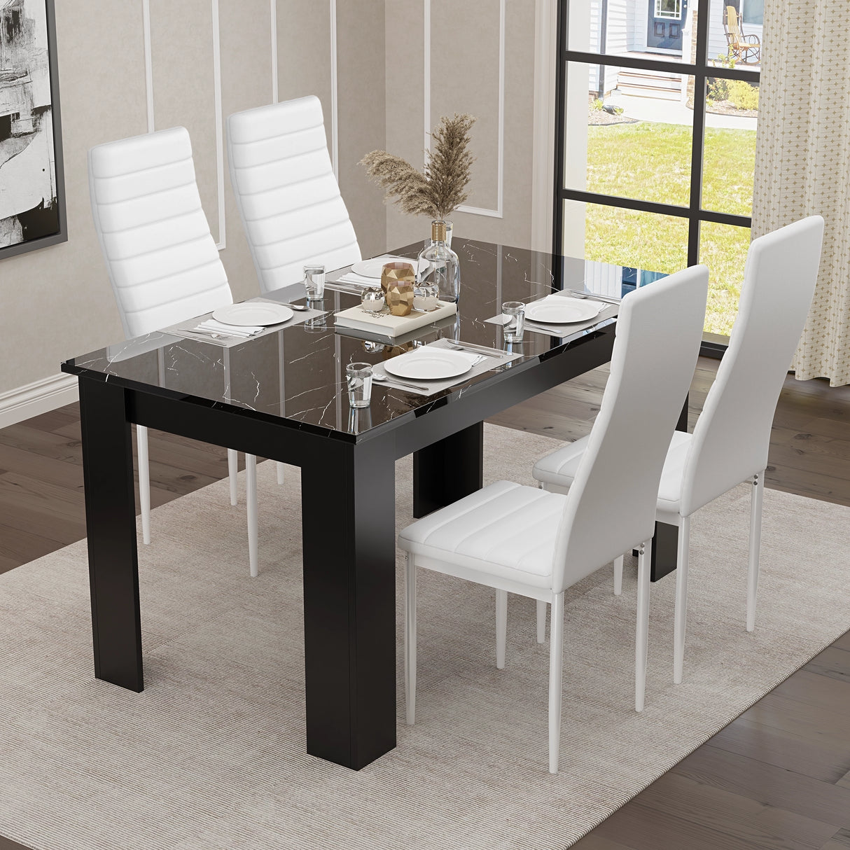 white leather small dining table and chairs paired with sleek black marble gloss table, ideal for modern dining spaces