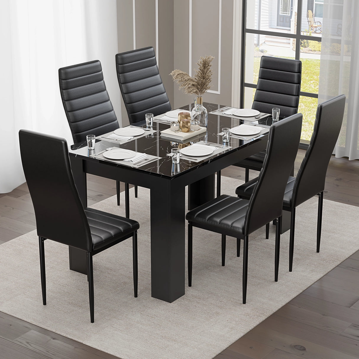 Gloss black marble dining table set with six black faux leather chairs, perfect for stylish dining spaces.