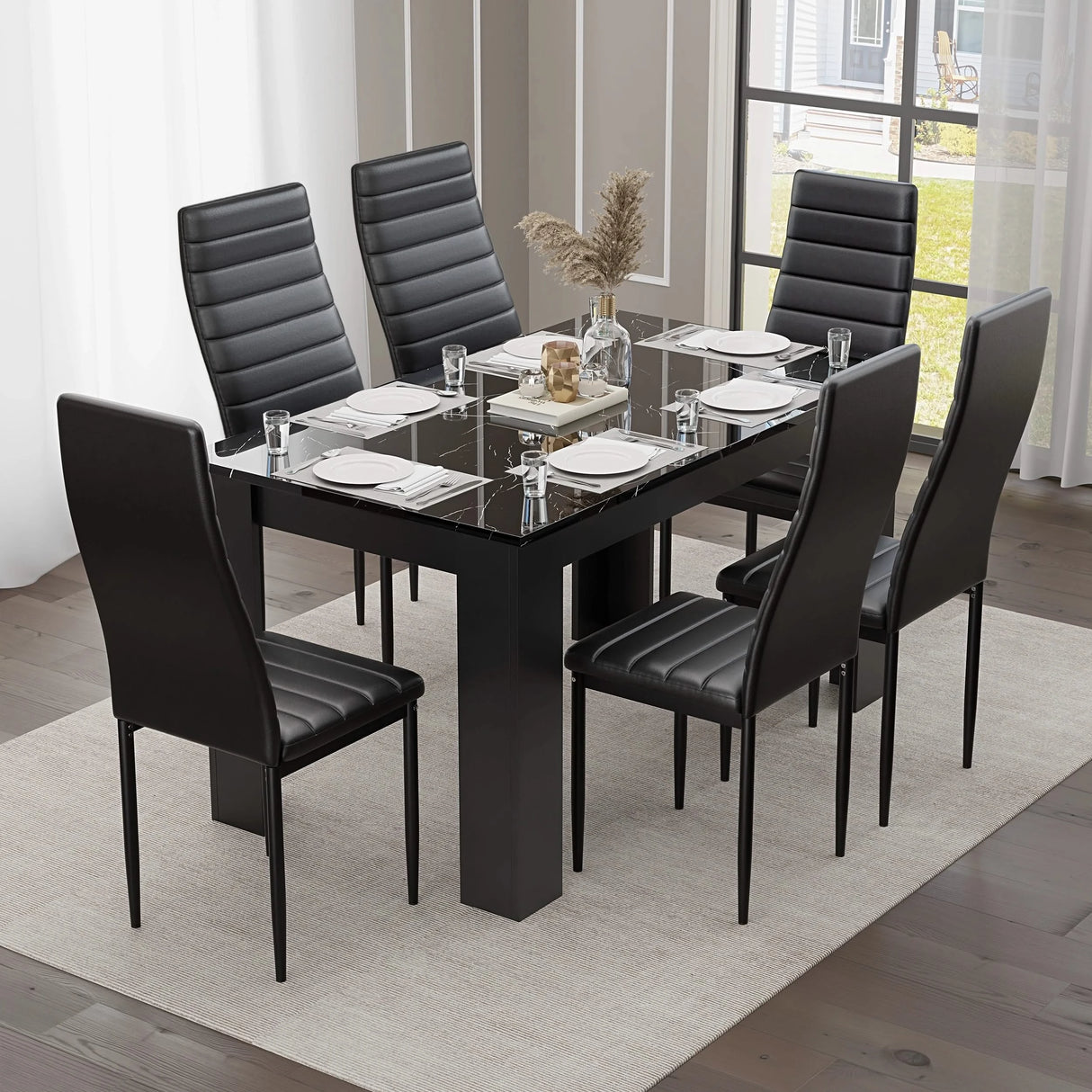 Gloss black marble dining table set with six black faux leather chairs, perfect for stylish dining spaces.