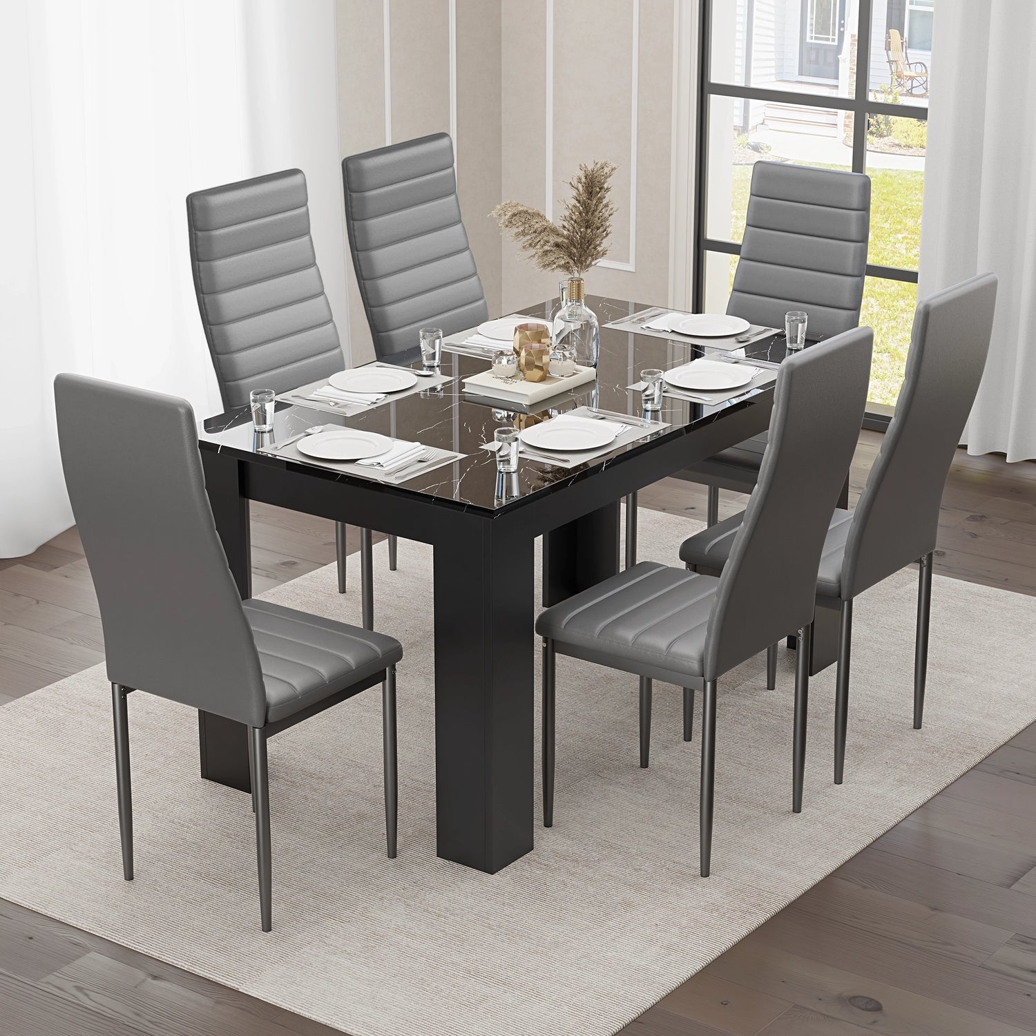 minimalist black dining table and 6 chairs set with grey leather upholstery and glossy marble top, perfect for social meals