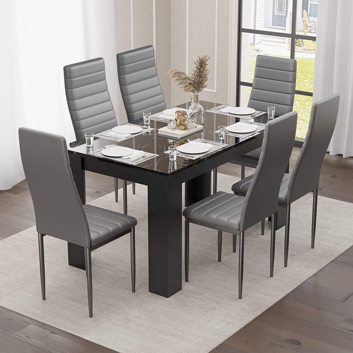 Gloss black marble finish dining table with six grey faux leather chairs, ideal for modern kitchen or dining room settings.