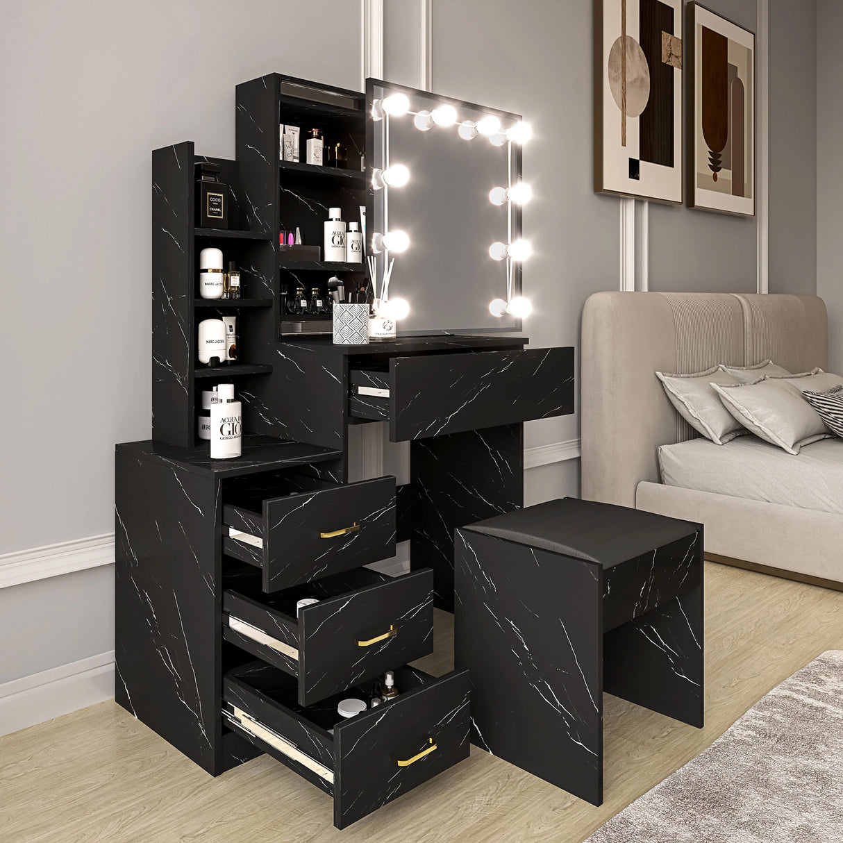 Black marble-patterned vanity with mirror and lights in a room with a sofa and decor.