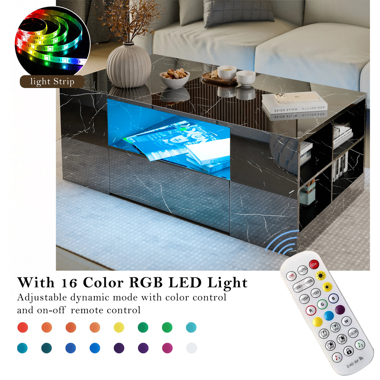 Living room with a coffee table featuring RGB LED light strip and remote control.