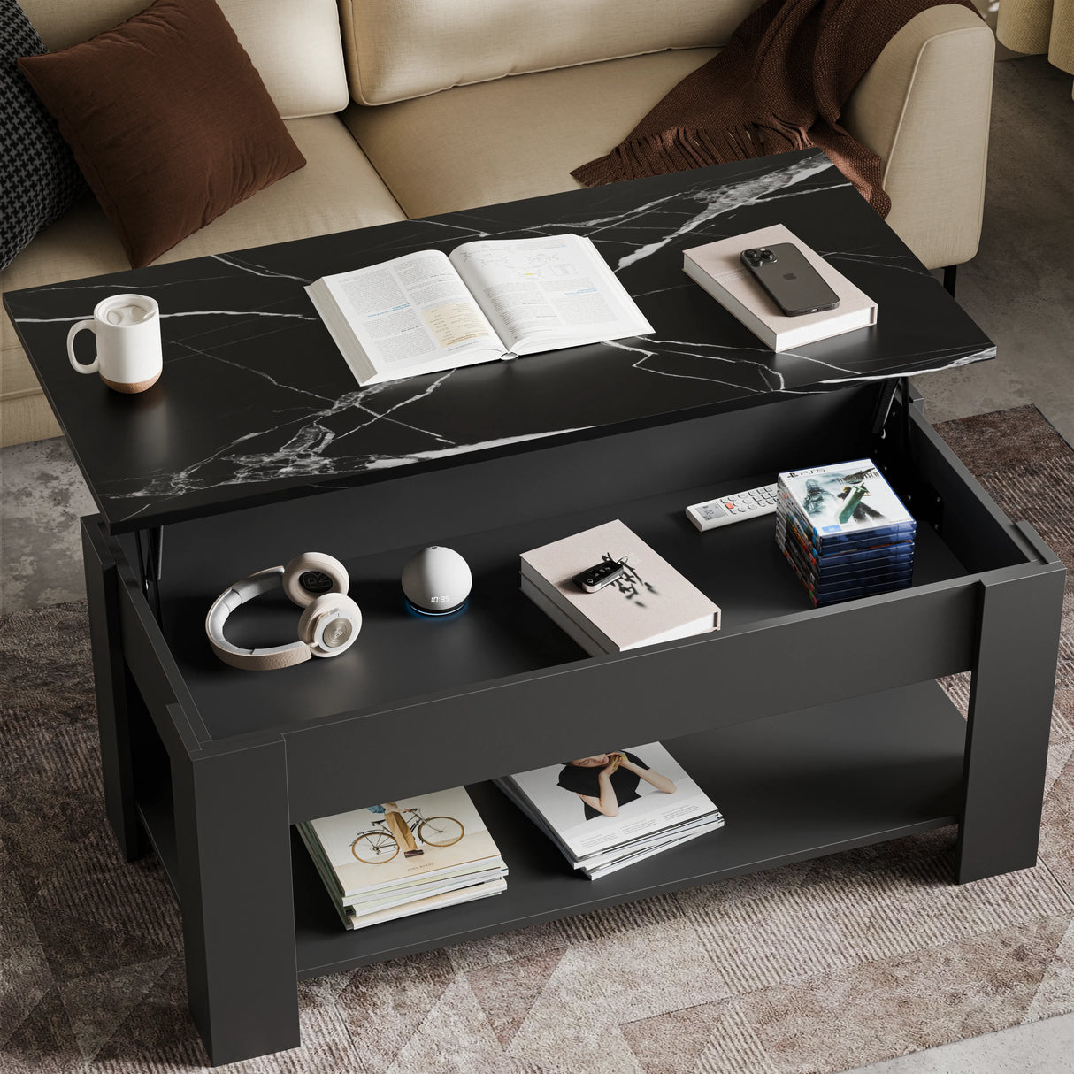 Lift top coffee table with storage in black marble finish, 100cm wide, featuring a raised tabletop and lower shelf for books and decor in a modern living room.