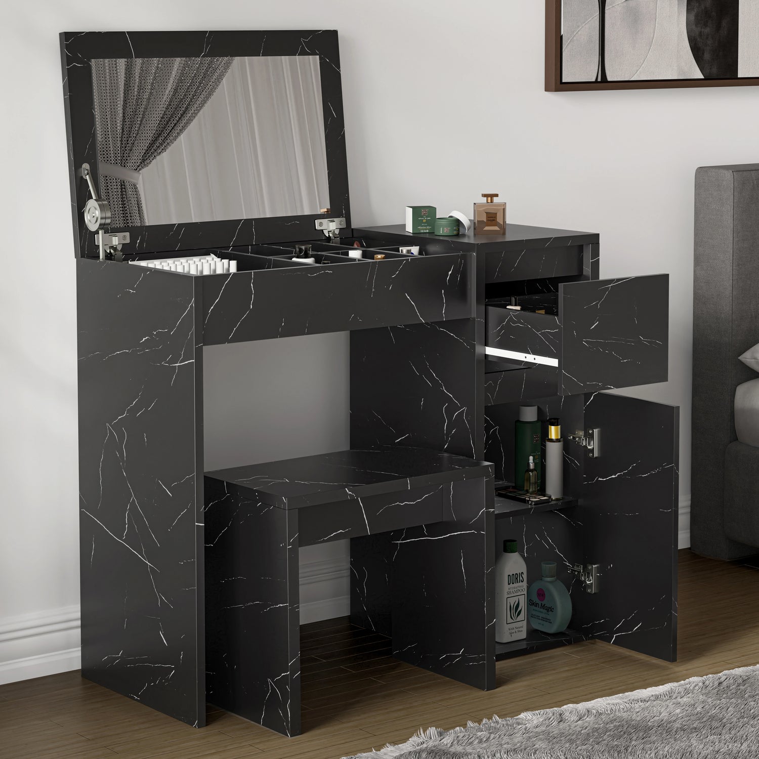 Modern black makeup dressing table with flip-up mirror, matching stool, and multiple storage sections for cosmetics and toiletries.