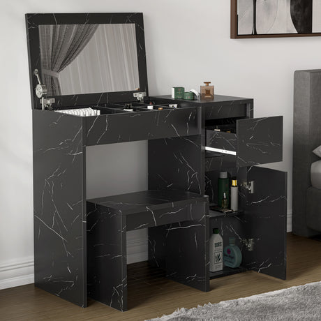 Modern black makeup dressing table with flip-up mirror, matching stool, and multiple storage sections for cosmetics and toiletries.