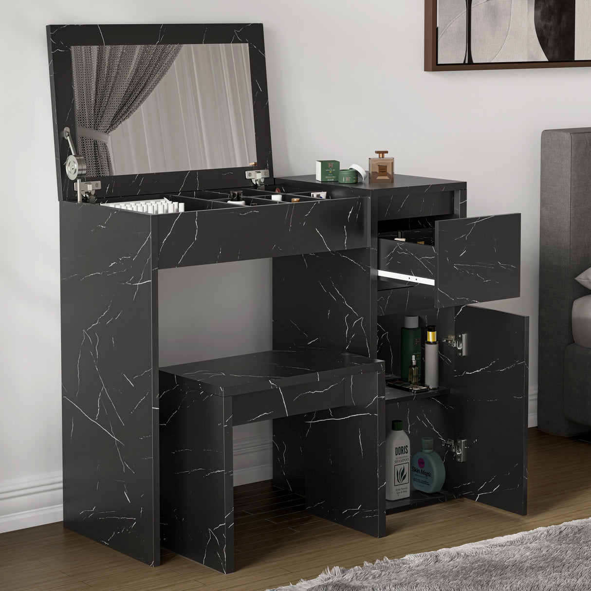 Modern black makeup dressing table with flip-up mirror, matching stool, and multiple storage sections for cosmetics and toiletries.