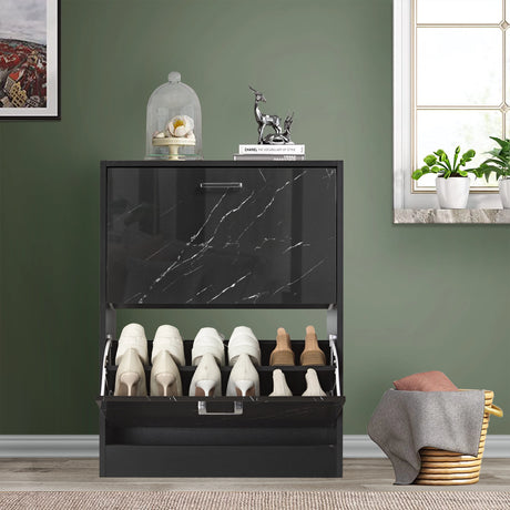 This 12 pair shoe storage cabinet features a black marble pull-down drawer open at the bottom, revealing boots and sneakers.